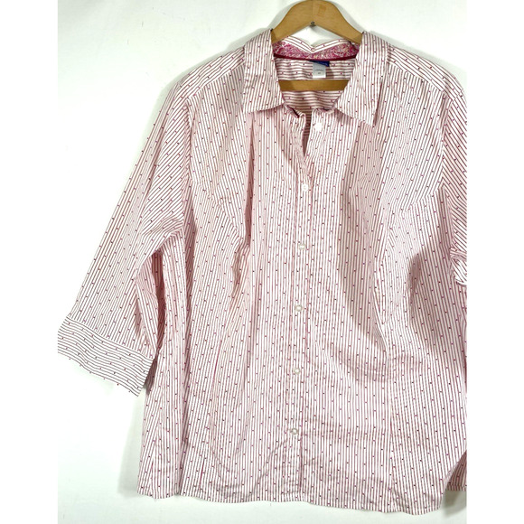 Basic Editions Blouse Top 3X Button Up White Red Polka Dot Stripe Cottagecore - Picture 4 of 12